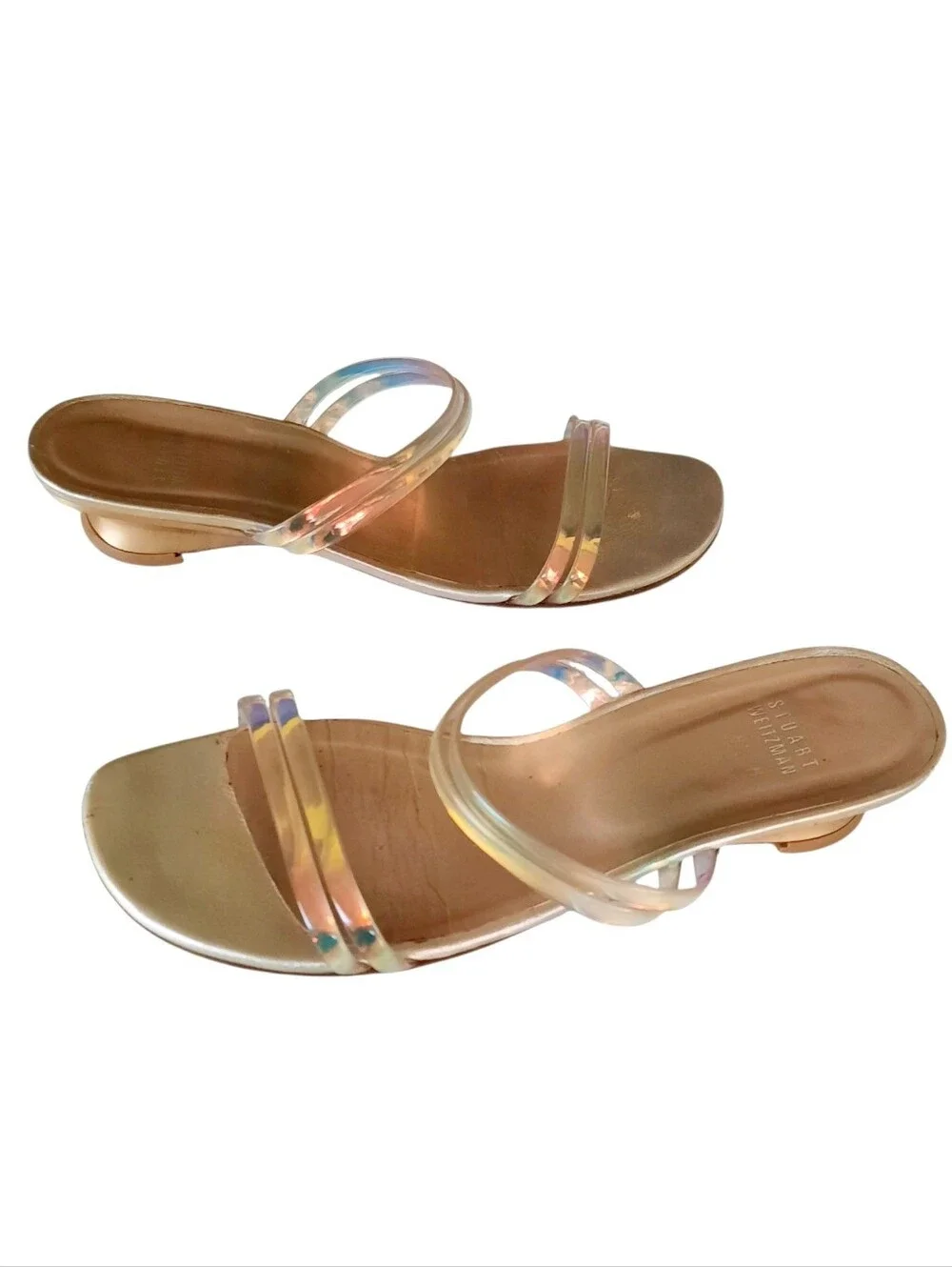 STUART WEITZMAN Y2K Iridescent PVC Strappy Slide Sandals w/Gold Low Wedge 8.5M